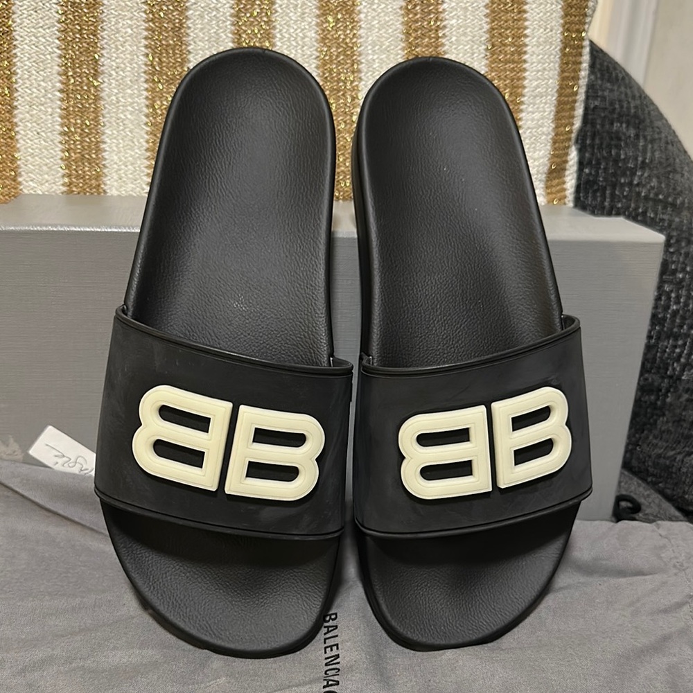 Balenciaga Black Slides with Cream Logo